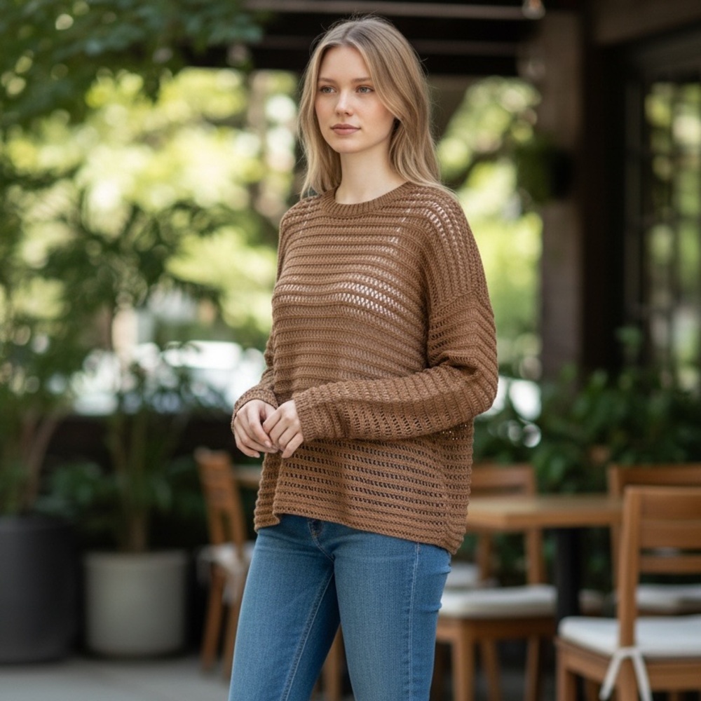 Eileen Fisher Brown Open-Knit Sweater